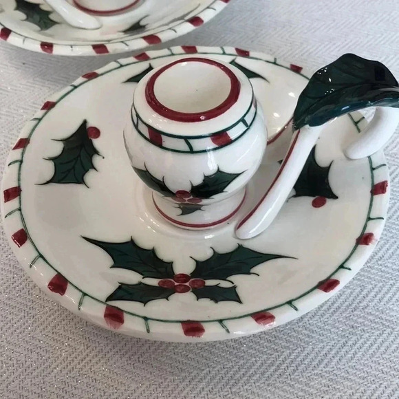 Vintage Set of 2 Lefton hand decorated holly berry candlestick holders - Picture 2 of 5